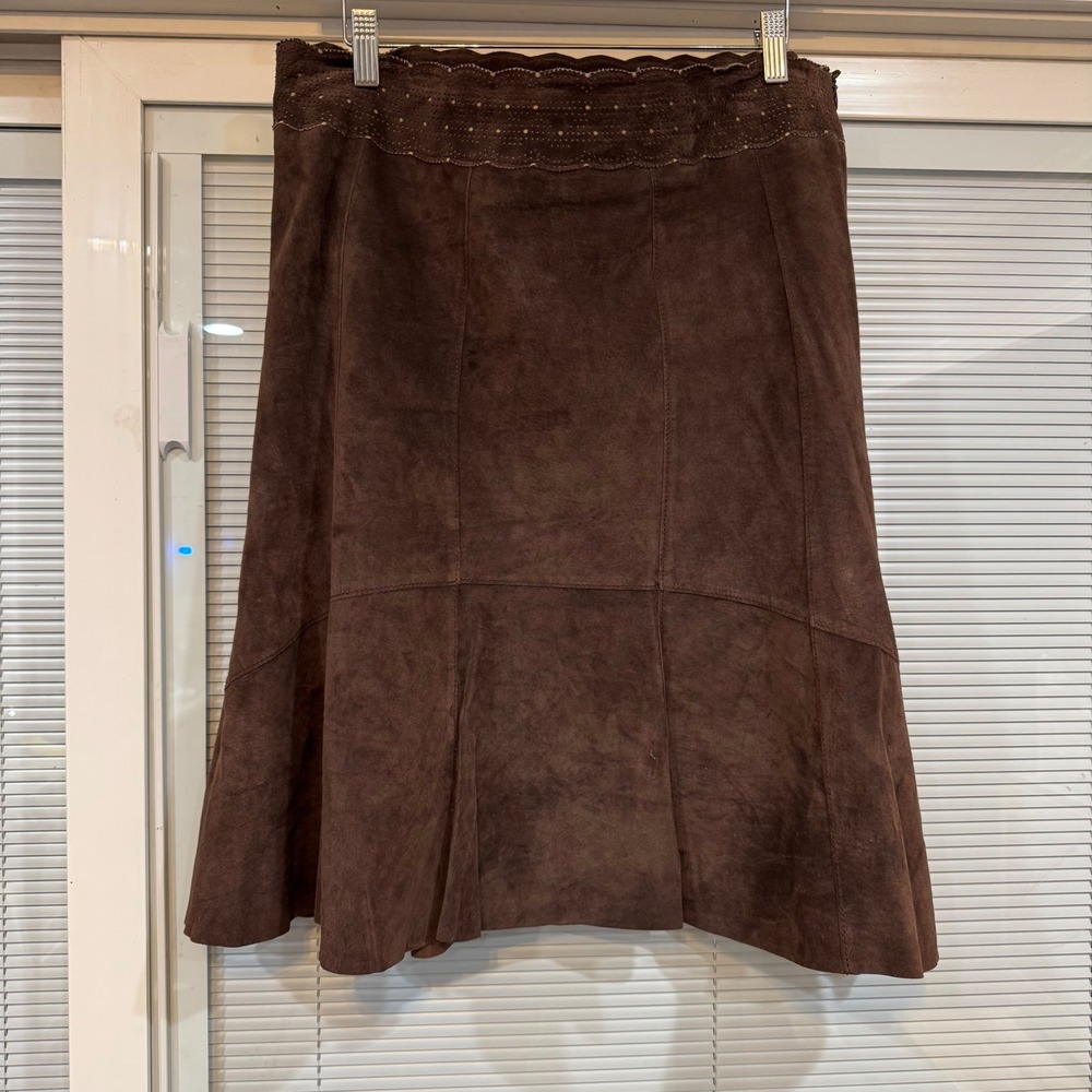 Cabi Womens Brown Suede Leather Scalloped Waist A-Line Midi Skirt Size 12 380